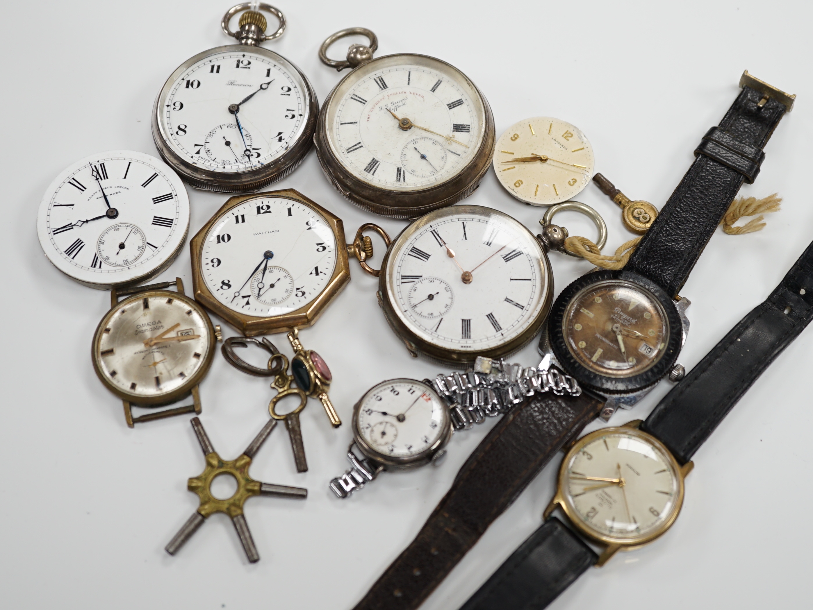 A small group of assorted pocket watches including silver and wrist watches including movements.